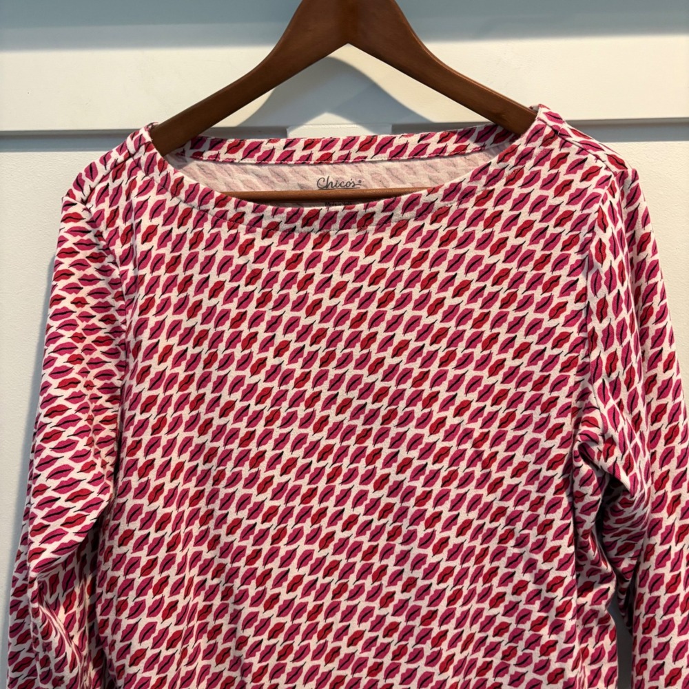Chico's Pink Lipstick Print 100% Cotton 3/4 Sleeve Boatneck Knit Top Large (2) - Picture 4 of 11